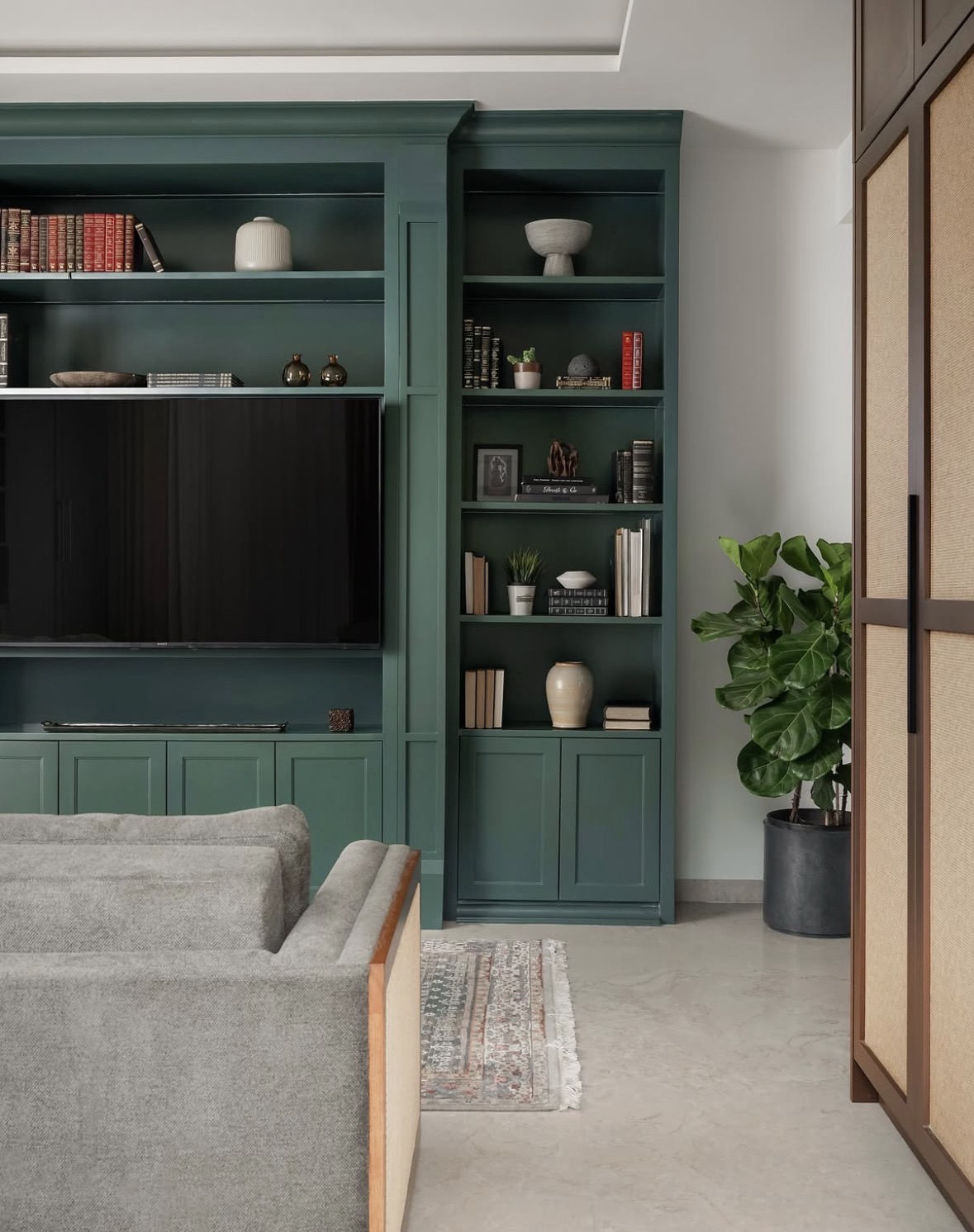 Corner of the green shelving with a television, a fiddle-leaf plant and a cane-panelled wardrobe door beside it