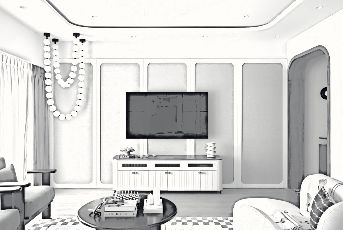 Pencil-style sketch of the same living room